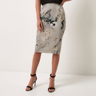 Grey floral print pencil skirt